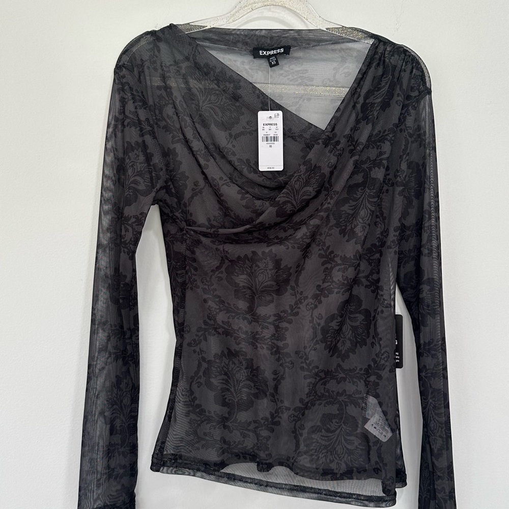 Express Black Sheer lace Cowl-Neck Long Sleeve Top NWT Size XS